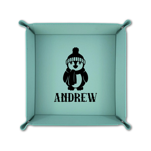 Christmas Penguins 6" x 6" Teal Leatherette Snap Up Tray - FOLDED UP