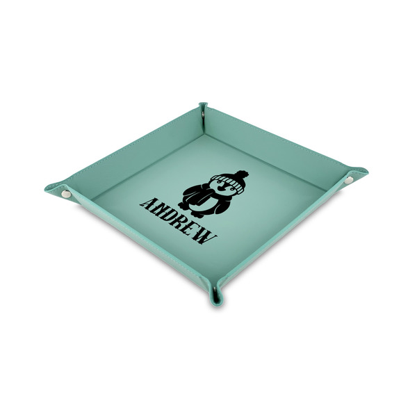 Custom Christmas Penguins Faux Leather Dice Tray - 6" x 6" - Teal (Personalized)