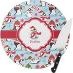 Christmas Penguins Round Glass Cutting Board - Small (Personalized)