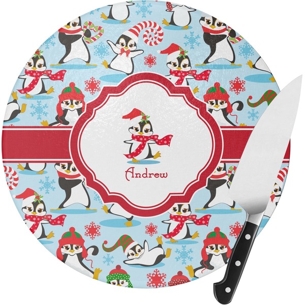 Custom Christmas Penguins Round Glass Cutting Board - Small (Personalized)