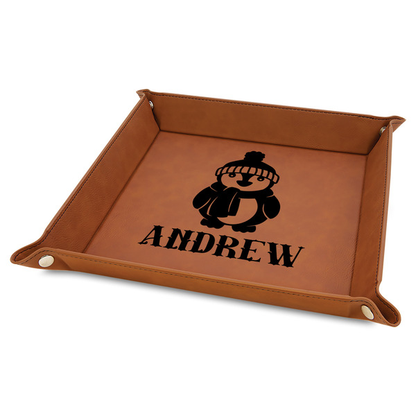Custom Christmas Penguins 9" x 9" Faux Leather Valet Tray w/ Name or Text