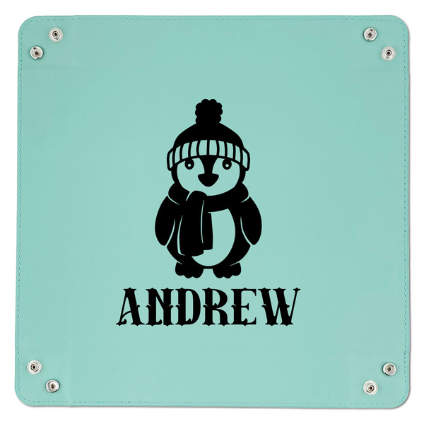 Christmas Penguins 9" x 9" Teal Leatherette Snap Up Tray - APPROVAL