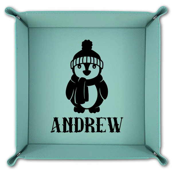 Christmas Penguins 9" x 9" Teal Leatherette Snap Up Tray - FOLDED