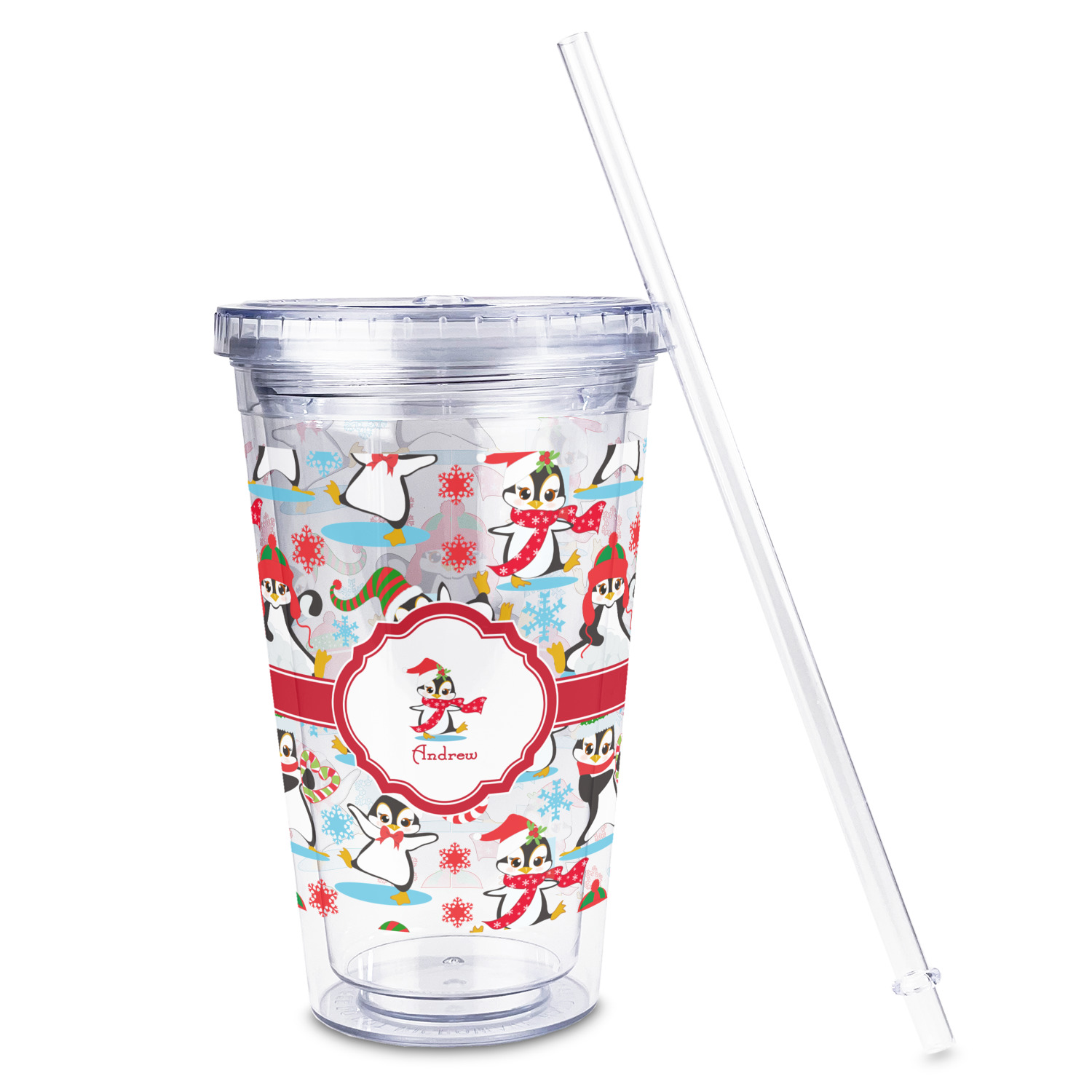 Custom Christmas Penguins Double Wall Tumbler with Straw (Personalized)