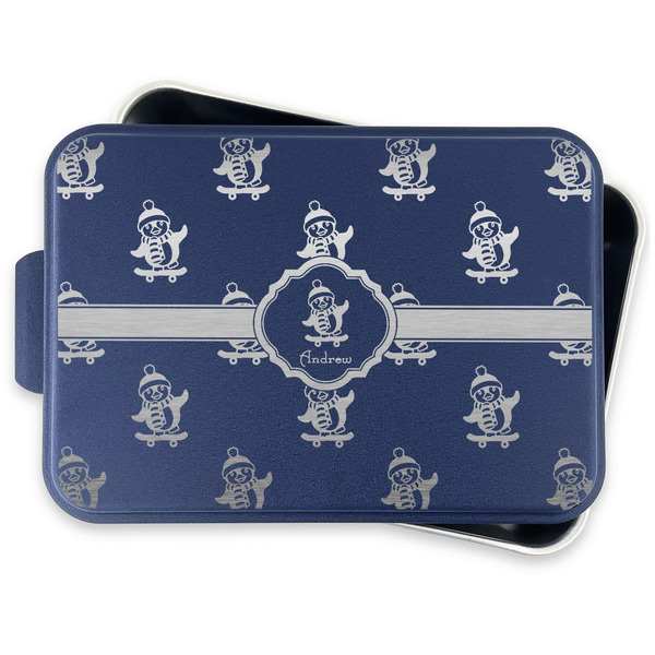 Christmas Penguins Aluminum Baking Pan - Navy Lid - FRONT w/lid off