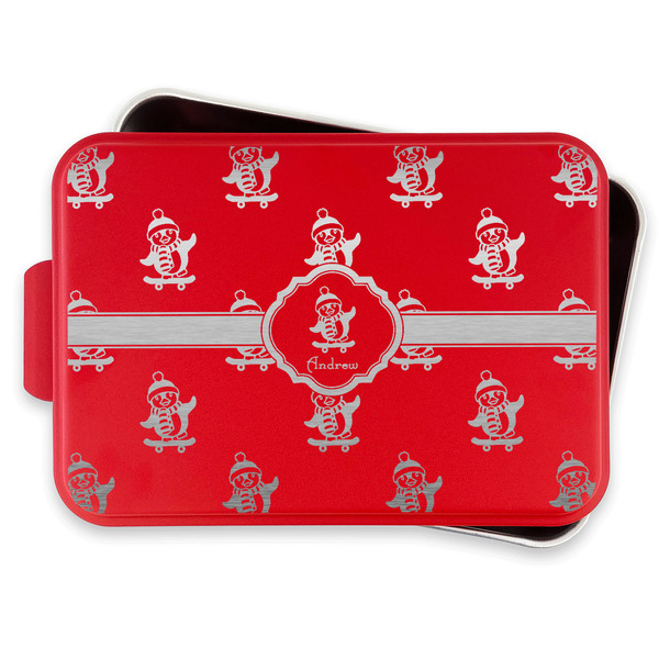 Christmas Penguins Aluminum Baking Pan - Red Lid - FRONT w/lif off
