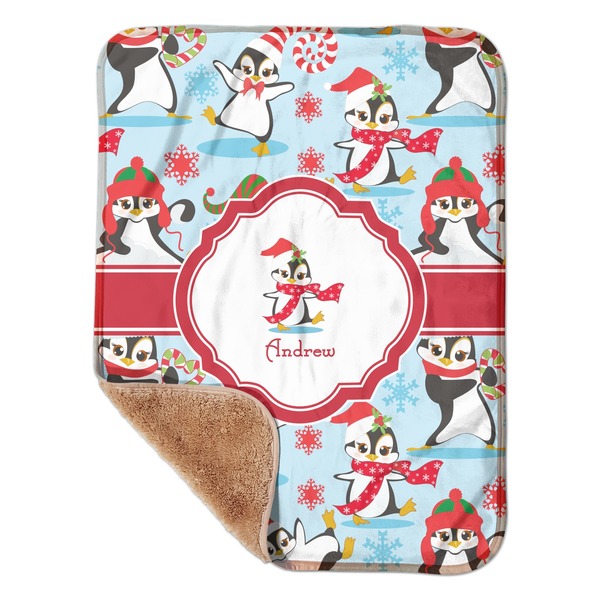 Custom Christmas Penguins Sherpa Baby Blanket - 30" x 40" w/ Name or Text