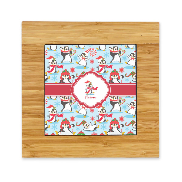 Custom Christmas Penguins Bamboo Trivet with Ceramic Tile Insert (Personalized)