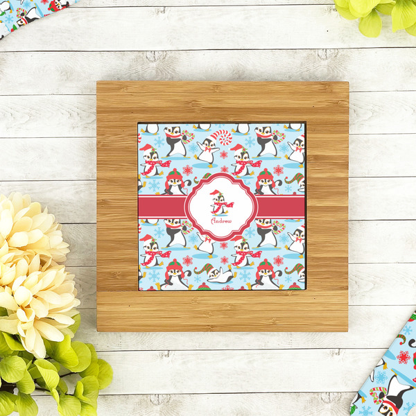 Christmas Penguins Bamboo Trivet with 6" Tile - LIFESTYLE