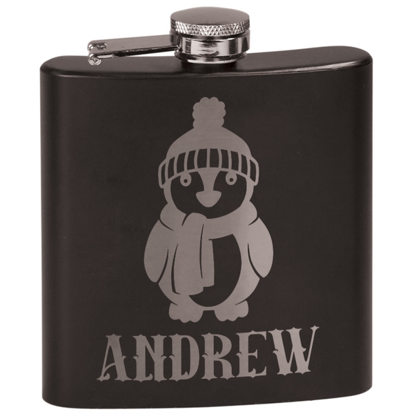 Custom Christmas Penguins Black Flask Set (Personalized)