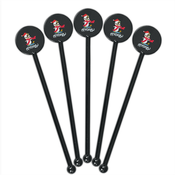 Christmas Penguins Black Plastic 5.5" Stir Stick - Round - Fan View