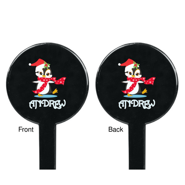 Christmas Penguins Black Plastic 7" Stir Stick - Double Sided - Round - Front & Back