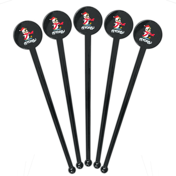 Christmas Penguins Black Plastic 7" Stir Stick - Round - Fan View