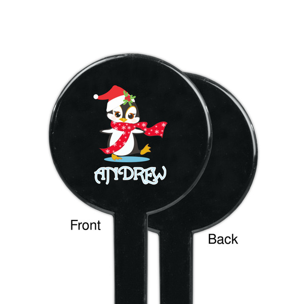 Christmas Penguins Black Plastic 7" Stir Stick - Single Sided - Round - Front & Back