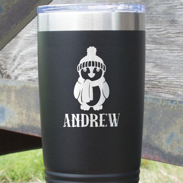 Christmas Penguins Black Polar Camel Tumbler - 20oz - Close Up