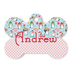 Christmas Penguins Bone Shaped Dog ID Tag (Personalized)