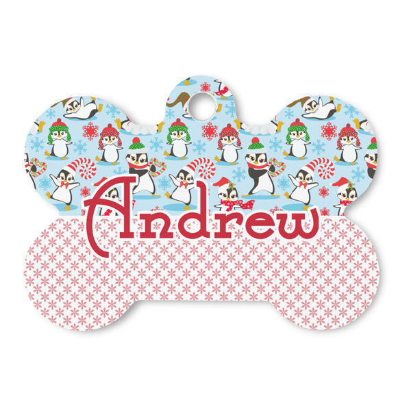 Custom Christmas Penguins Bone Shaped Dog ID Tag (Personalized)