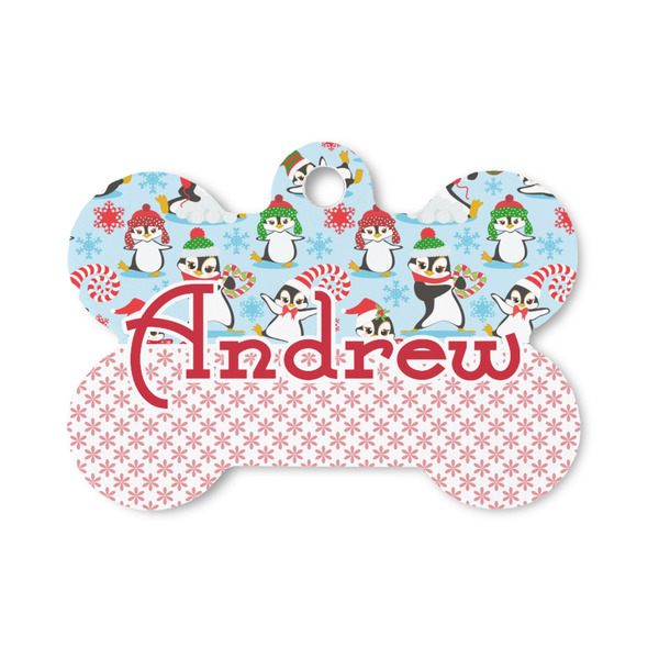 Custom Christmas Penguins Bone Shaped Dog ID Tag - Small (Personalized)