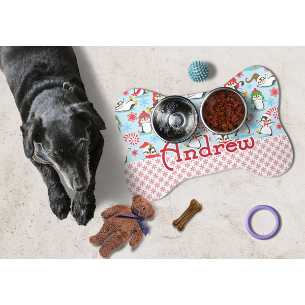 Christmas Penguins Bone Shaped Mat w/ Food & Water