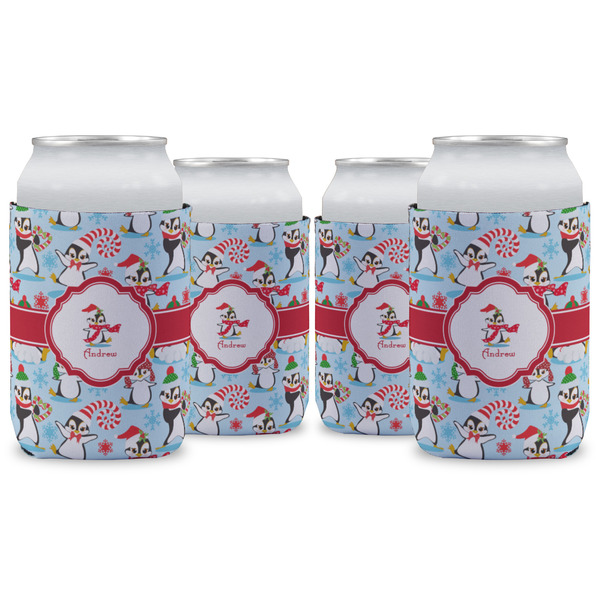 Custom Christmas Penguins Can Cooler (12 oz) - Set of 4 w/ Name or Text