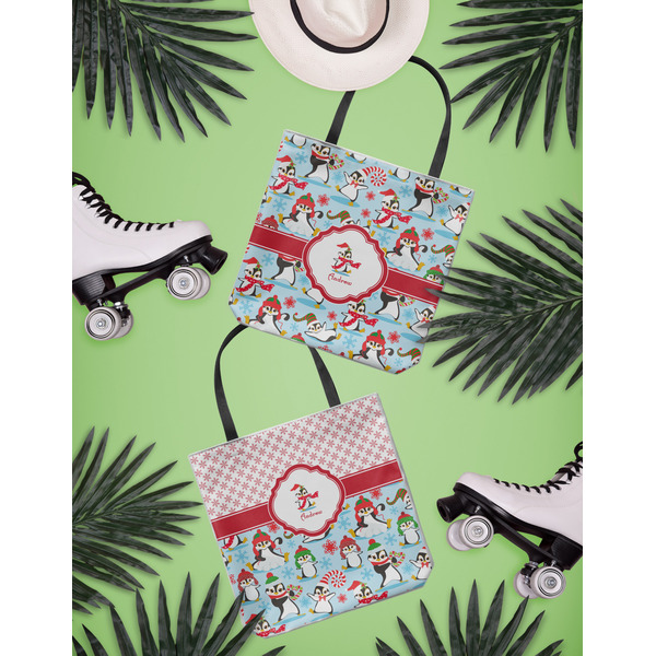 Christmas Penguins Canvas Tote Lifestyle Front and Back- 13x13