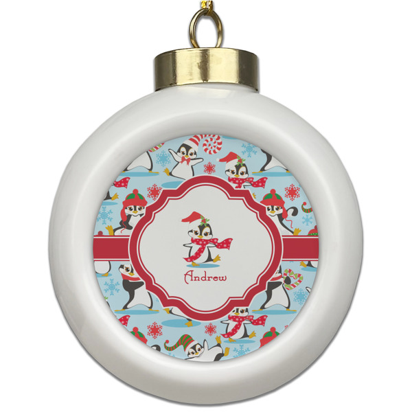 Custom Christmas Penguins Ceramic Ball Ornament (Personalized)