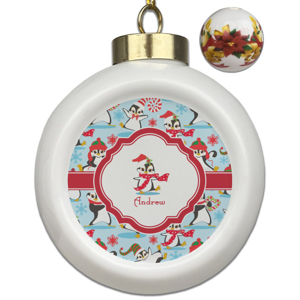 Custom Christmas Penguins Ceramic Ball Ornaments - Poinsettia Garland (Personalized)