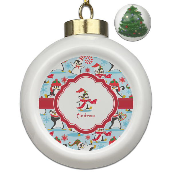 Custom Christmas Penguins Ceramic Ball Ornament - Christmas Tree (Personalized)
