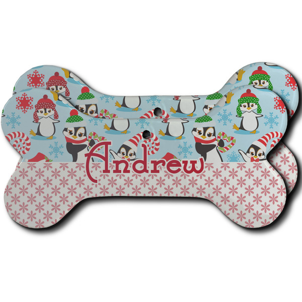 Custom Christmas Penguins Ceramic Dog Ornament - Front & Back w/ Name or Text
