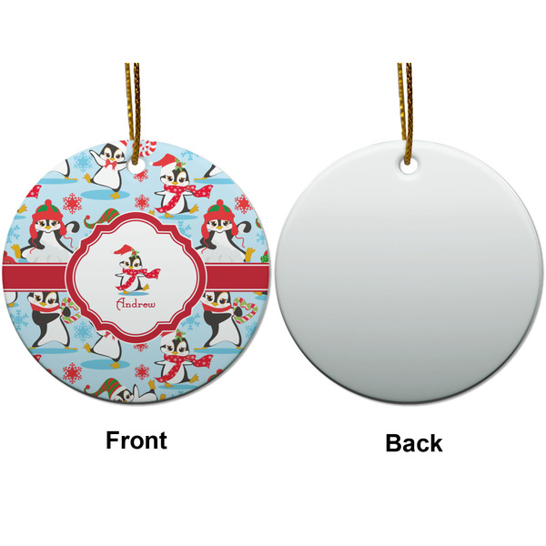 Christmas Penguins Ceramic Flat Ornament - Circle Front & Back (APPROVAL)