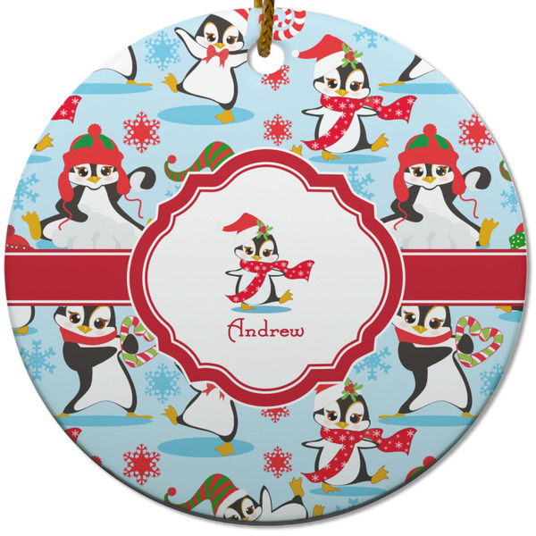 Custom Christmas Penguins Round Ceramic Ornament w/ Name or Text
