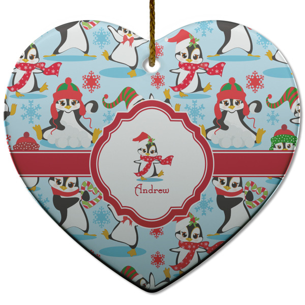 Custom Christmas Penguins Heart Ceramic Ornament w/ Name or Text