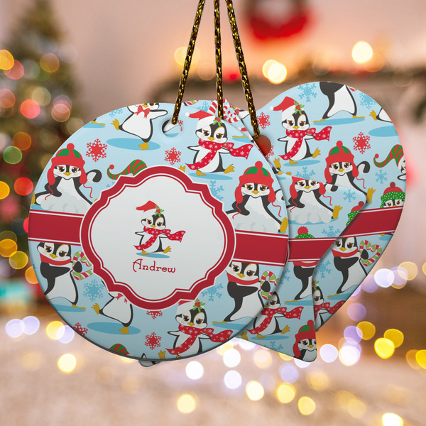 Custom Christmas Penguins Ceramic Ornament w/ Name or Text