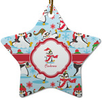 Christmas Penguins Star Ceramic Ornament w/ Name or Text