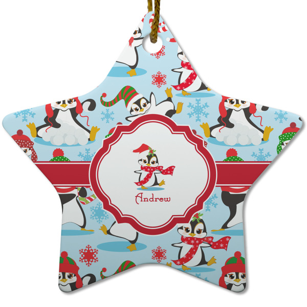 Custom Christmas Penguins Star Ceramic Ornament w/ Name or Text