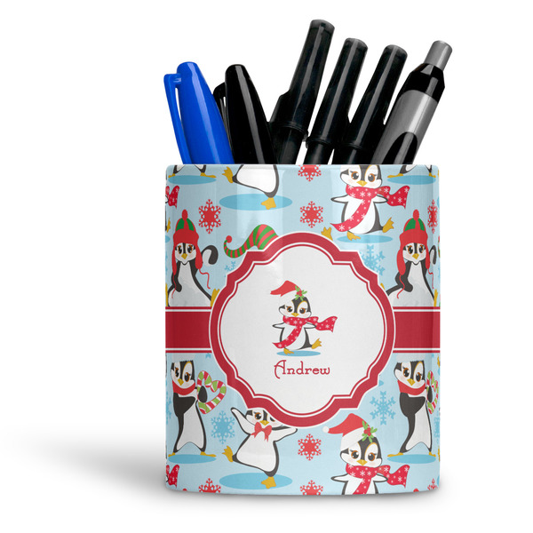 Custom Christmas Penguins Ceramic Pen Holder