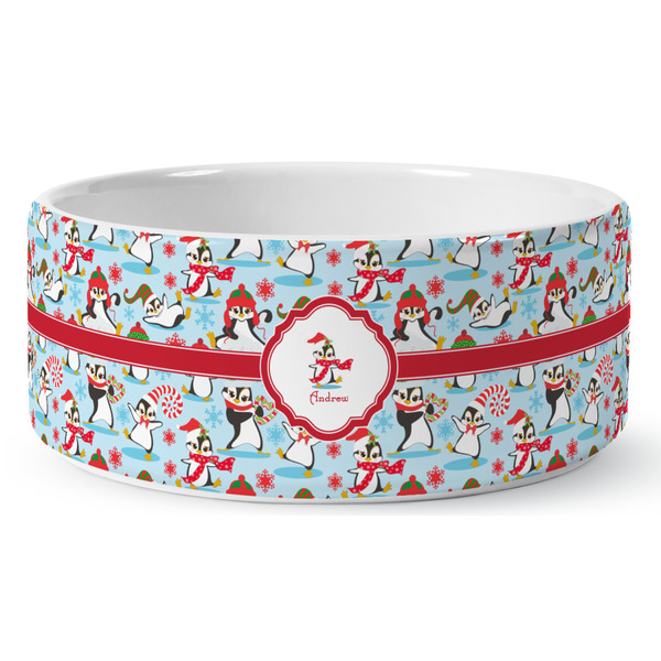 Custom Christmas Penguins Ceramic Dog Bowl - Medium (Personalized)