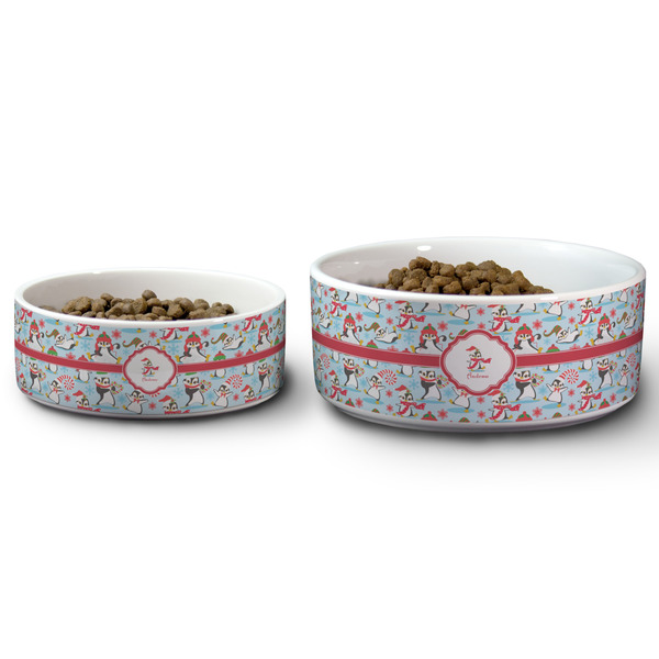 Christmas Penguins Ceramic Dog Bowls - Size Comparison