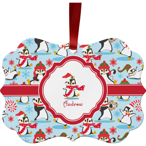 Custom Christmas Penguins Metal Frame Ornament - Double Sided w/ Name or Text