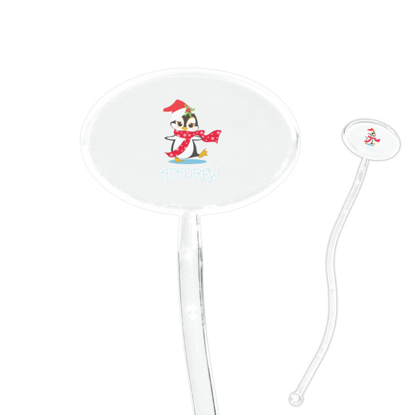 Custom Christmas Penguins 7" Oval Plastic Stir Sticks - Clear (Personalized)