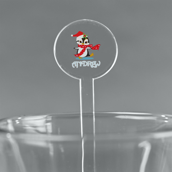 Custom Christmas Penguins 7" Round Plastic Stir Sticks - Clear (Personalized)