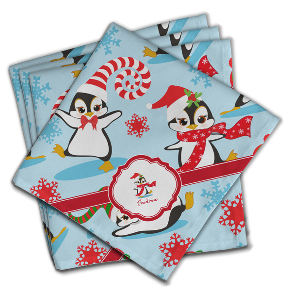 Custom Christmas Penguins Cloth Napkins (Set of 4) (Personalized)