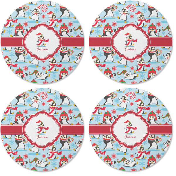 Christmas Penguins Coaster Round Rubber Back - Apvl