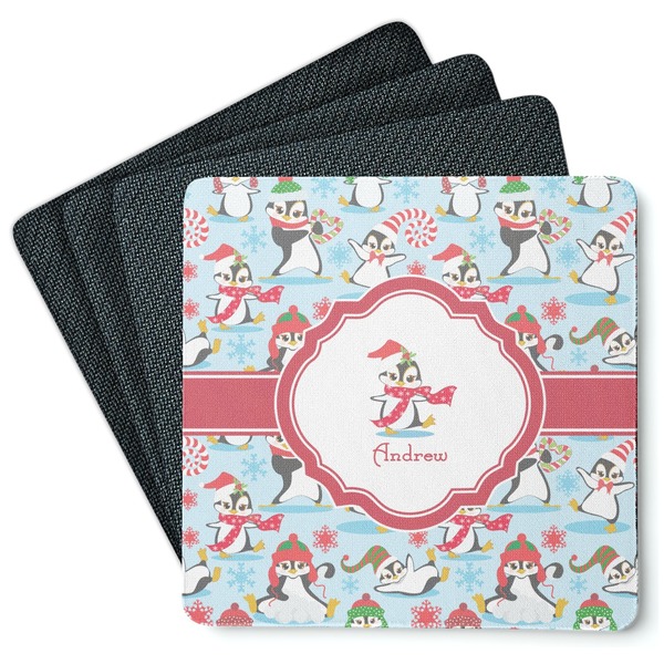Custom Christmas Penguins Square Rubber Backed Coasters - Set of 4 (Personalized)