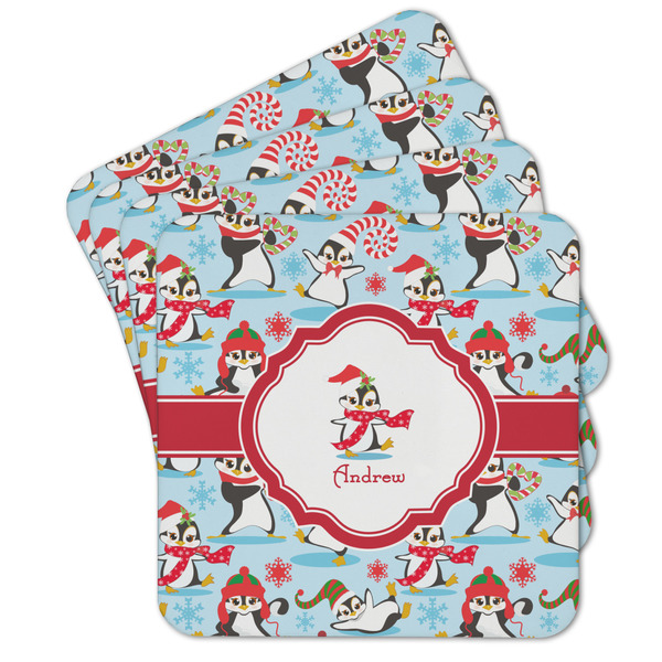 Custom Christmas Penguins Cork Coaster - Set of 4 w/ Name or Text