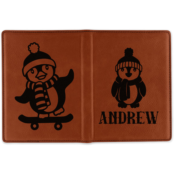 Christmas Penguins Cognac Leather Passport Holder Outside Double Sided - Apvl