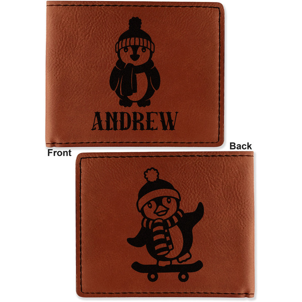 Christmas Penguins Cognac Leatherette Bifold Wallets - Front and Back