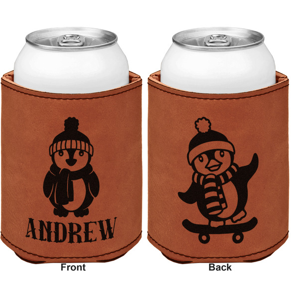 Christmas Penguins Cognac Leatherette Can Sleeve - Double Sided Front and Back