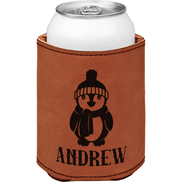 Christmas Penguins Cognac Leatherette Can Sleeve - Single Front