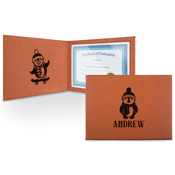Custom Christmas Penguins Leatherette Certificate Holder (Personalized)